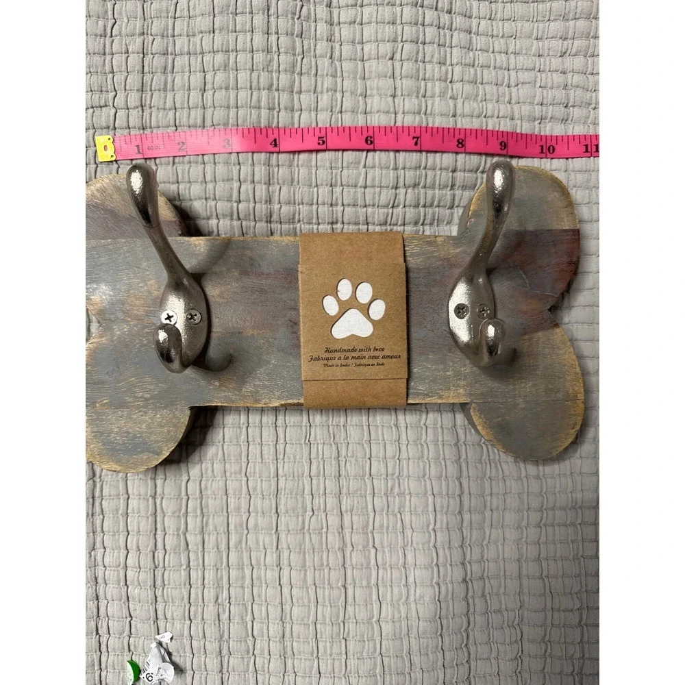 Rustic Wood Dog Bone Wall Hook Rack Leash Holder Distressed Grey 10.5in